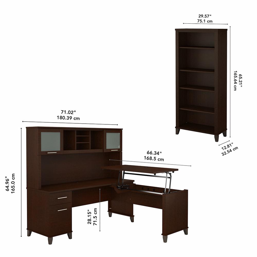 Bush Furniture Somerset 72W 3 Position Sit to Stand L Shaped Desk with Hutch and Bookcase, Mocha Cherry. Picture 5