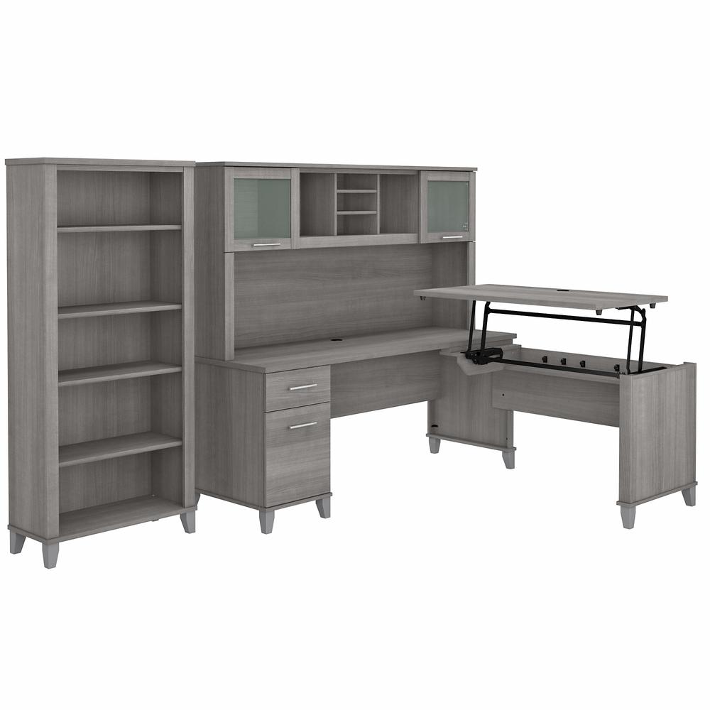 Bush Furniture Somerset 72W 3 Position Sit to Stand L Shaped Desk with Hutch and Bookcase, Platinum Gray. Picture 1