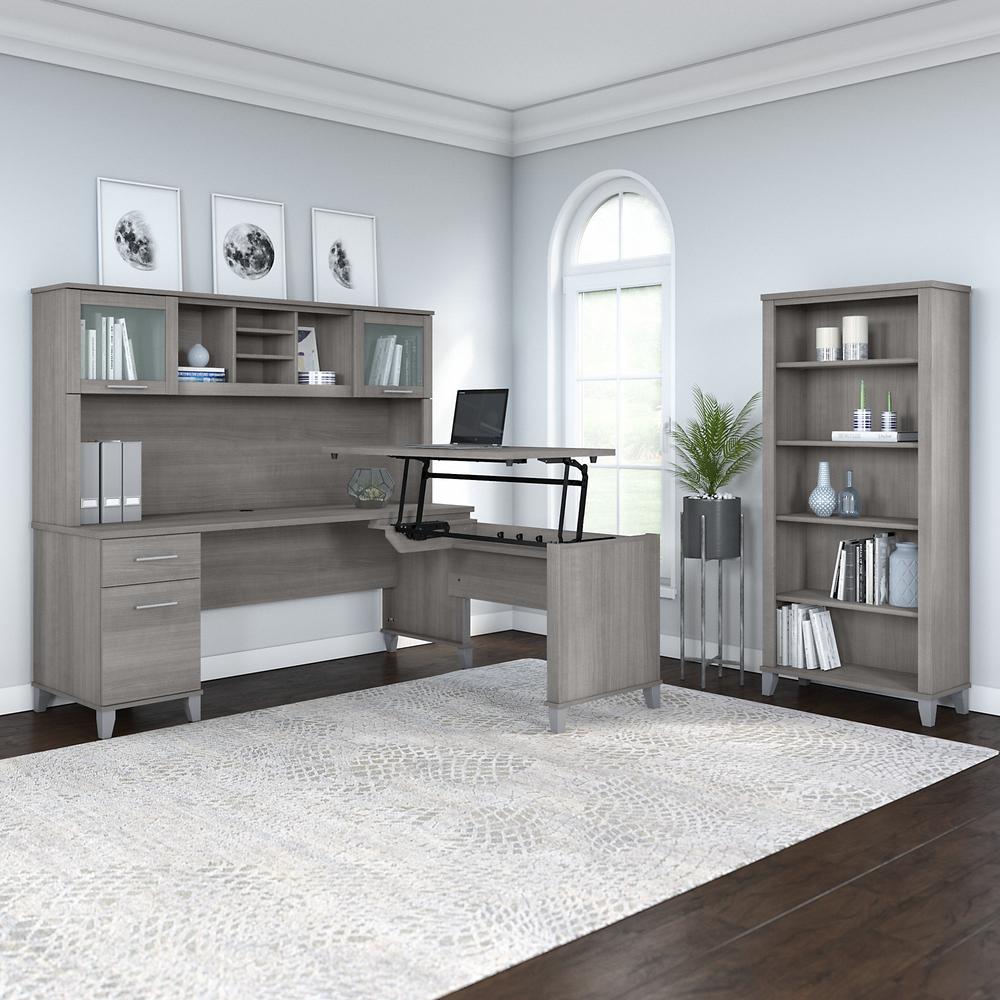 Bush Furniture Somerset 72W 3 Position Sit to Stand L Shaped Desk with Hutch and Bookcase, Platinum Gray. Picture 2