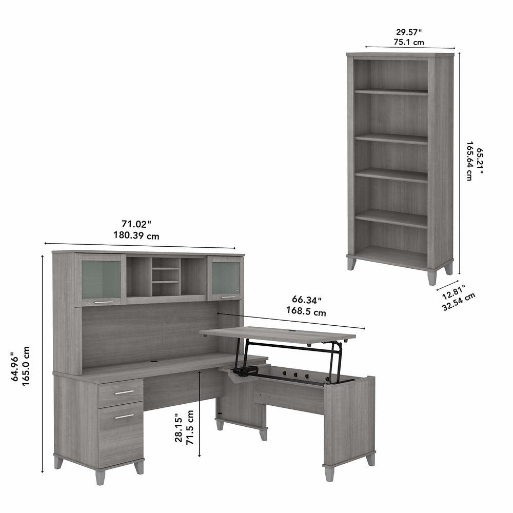 Bush Furniture Somerset 72W 3 Position Sit to Stand L Shaped Desk with Hutch and Bookcase, Platinum Gray. Picture 5