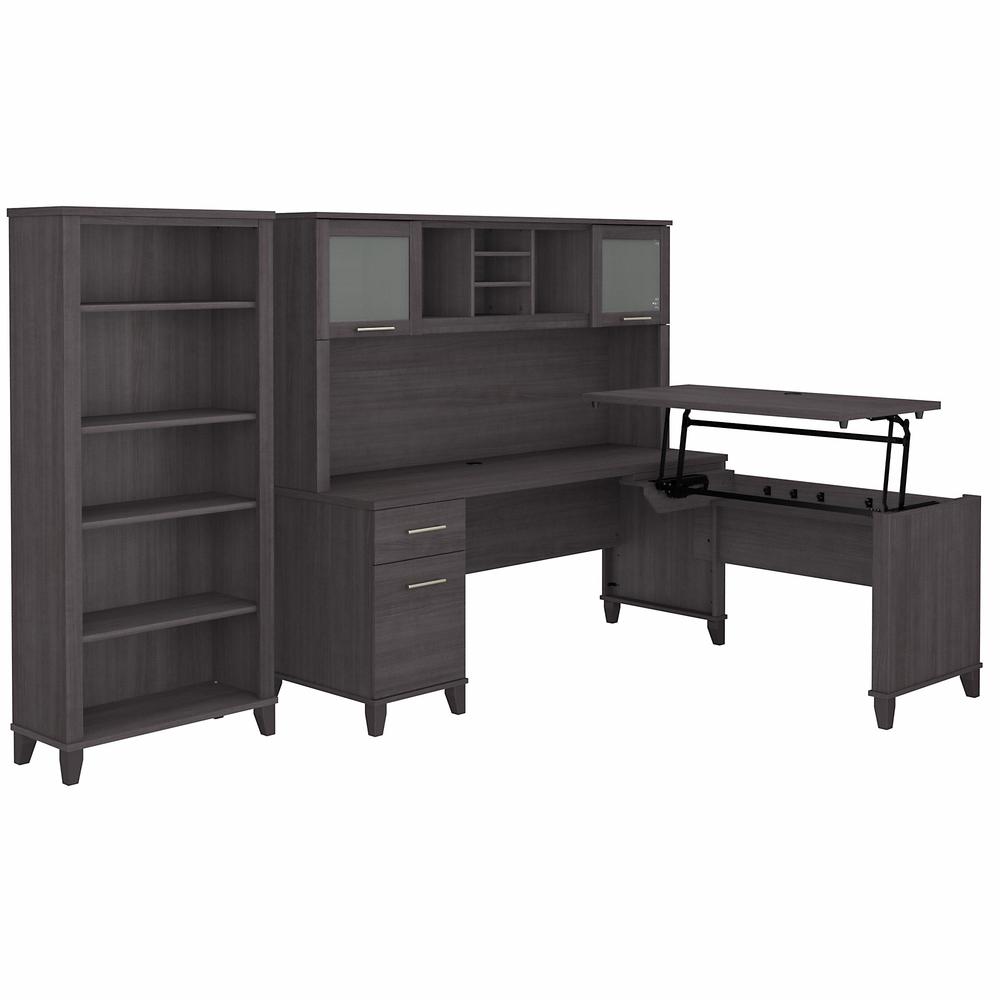 Bush Furniture Somerset 72W 3 Position Sit to Stand L Shaped Desk with Hutch and Bookcase, Storm Gray. Picture 2