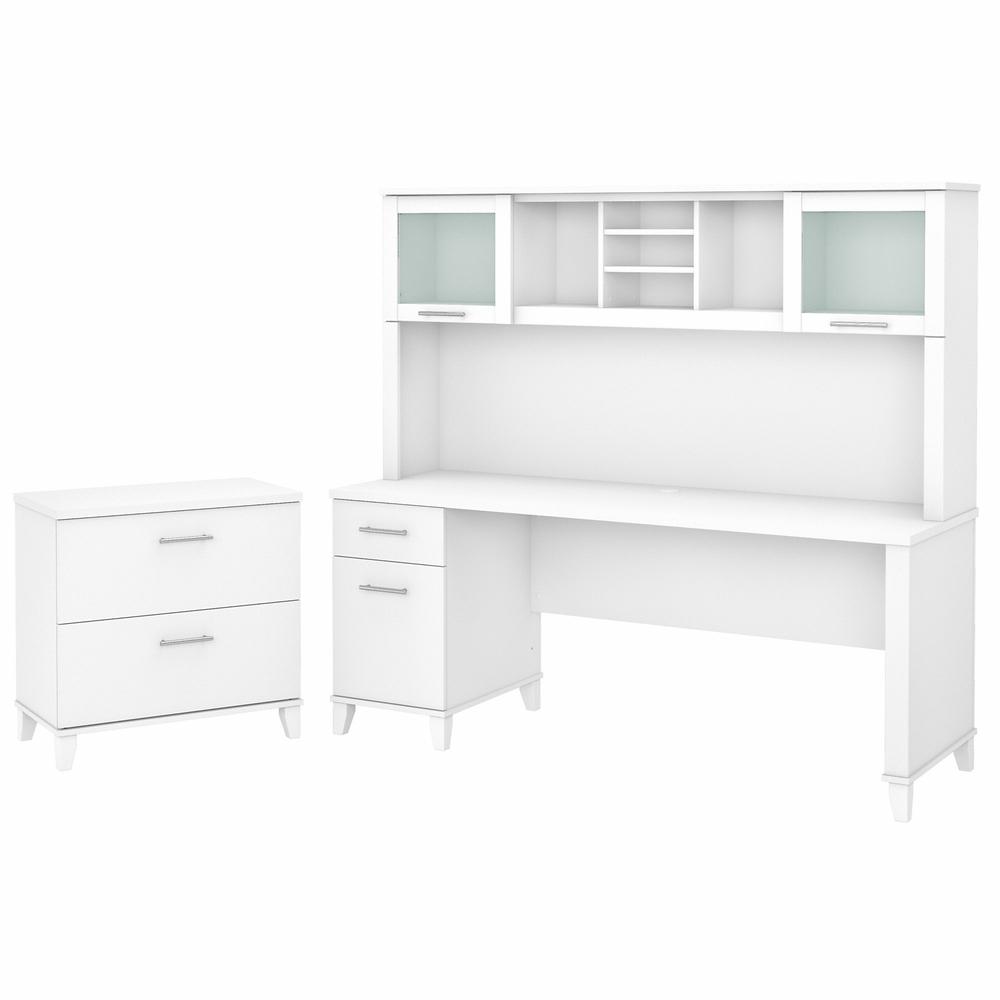 Bush Furniture Somerset 72W Office Desk with Hutch and Lateral File Cabinet, White. Picture 1
