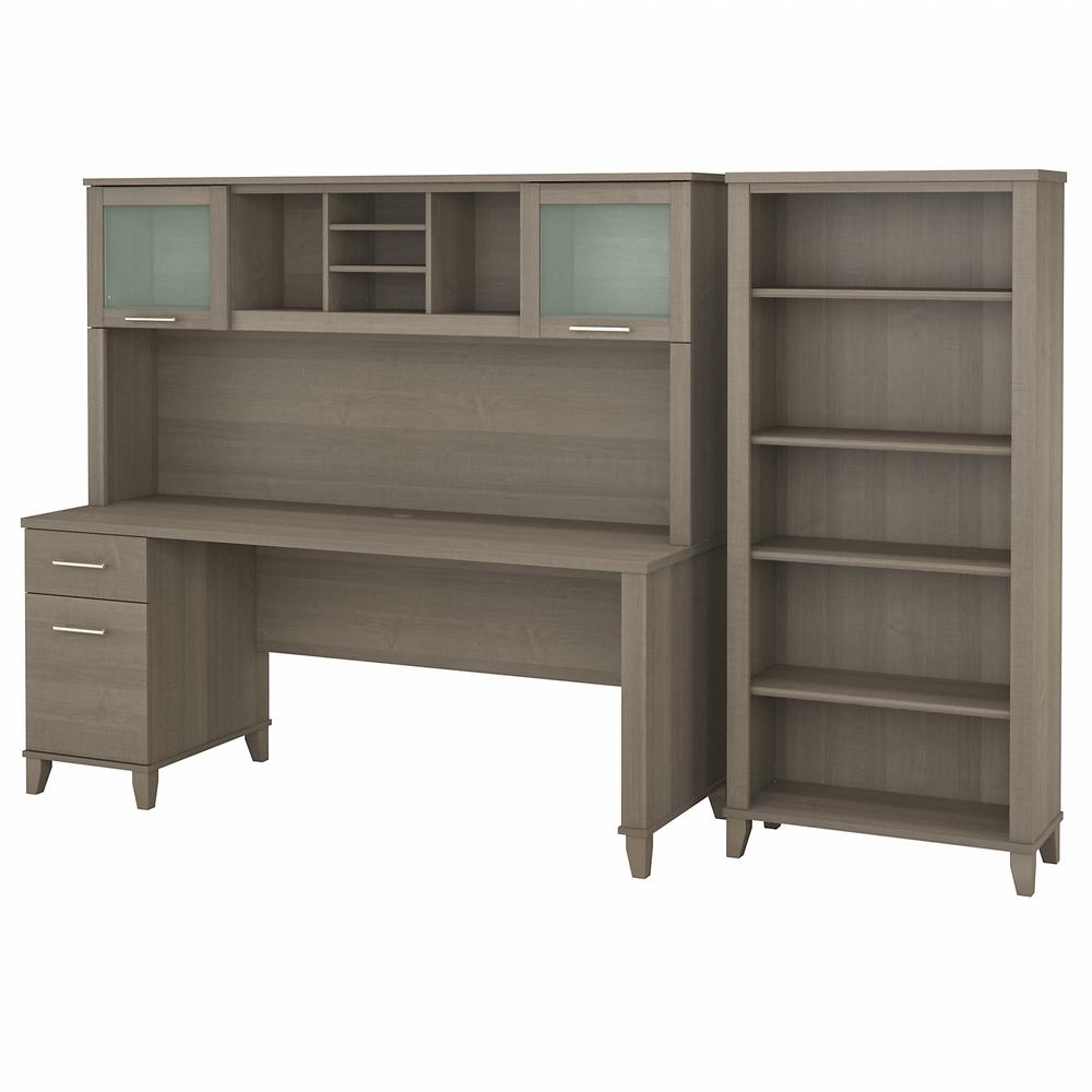 Bush Furniture Somerset 72W Office Desk with Hutch and 5 Shelf Bookcase in Ash Gray. Picture 1