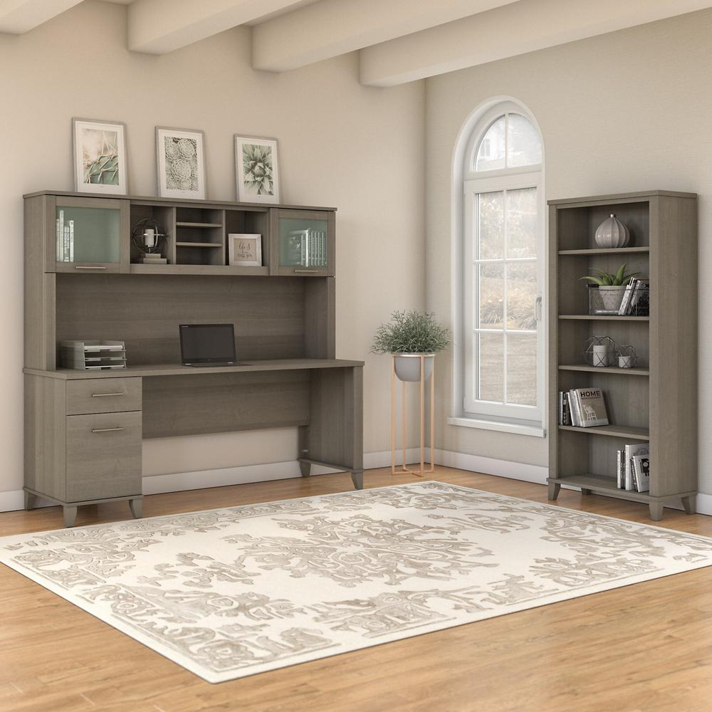 Bush Furniture Somerset 72W Office Desk with Hutch and 5 Shelf Bookcase in Ash Gray. Picture 2