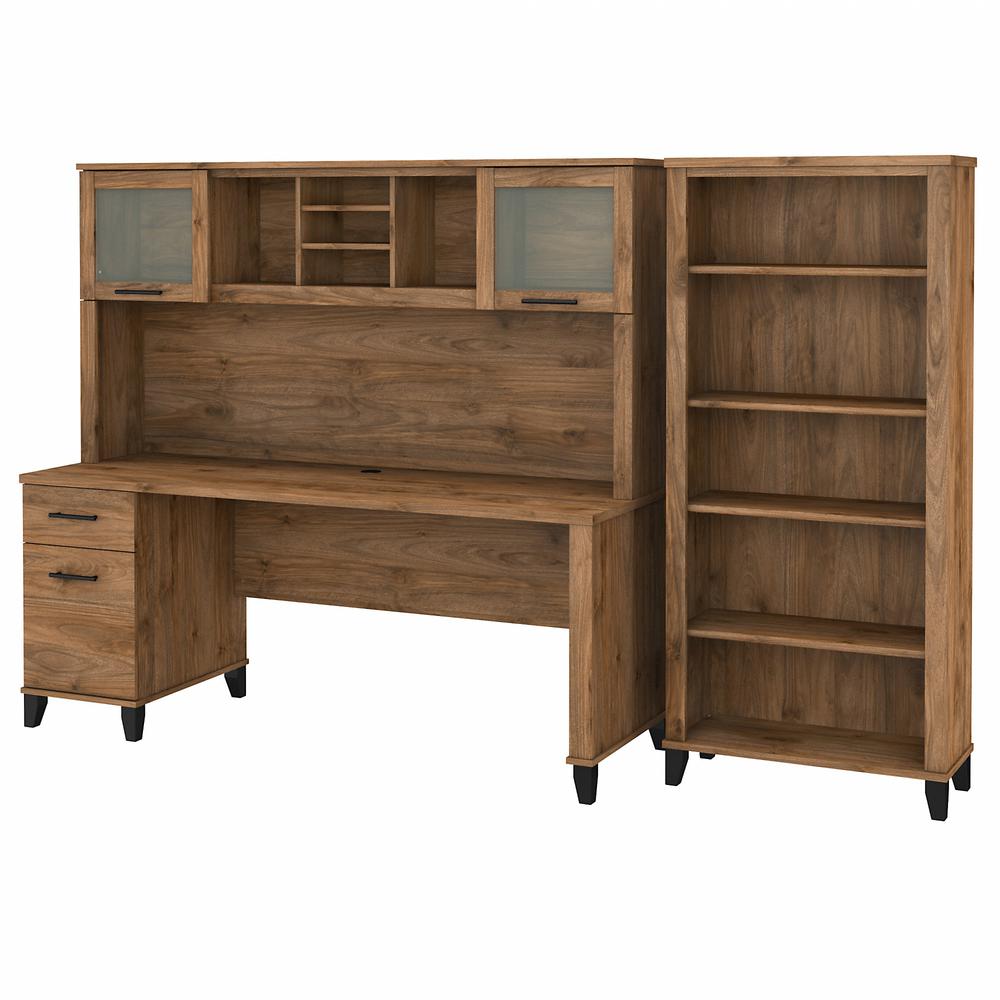 Bush Furniture Somerset 72W Office Desk with Hutch and 5 Shelf Bookcase, Fresh Walnut. Picture 1