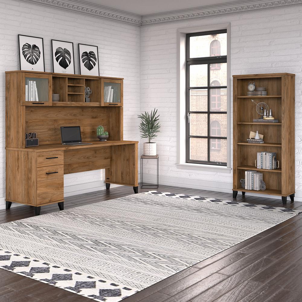 Bush Furniture Somerset 72W Office Desk with Hutch and 5 Shelf Bookcase, Fresh Walnut. Picture 2