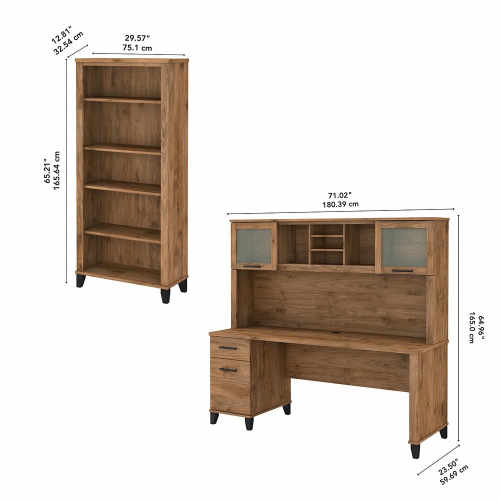 Bush Furniture Somerset 72W Office Desk with Hutch and 5 Shelf Bookcase, Fresh Walnut. Picture 5
