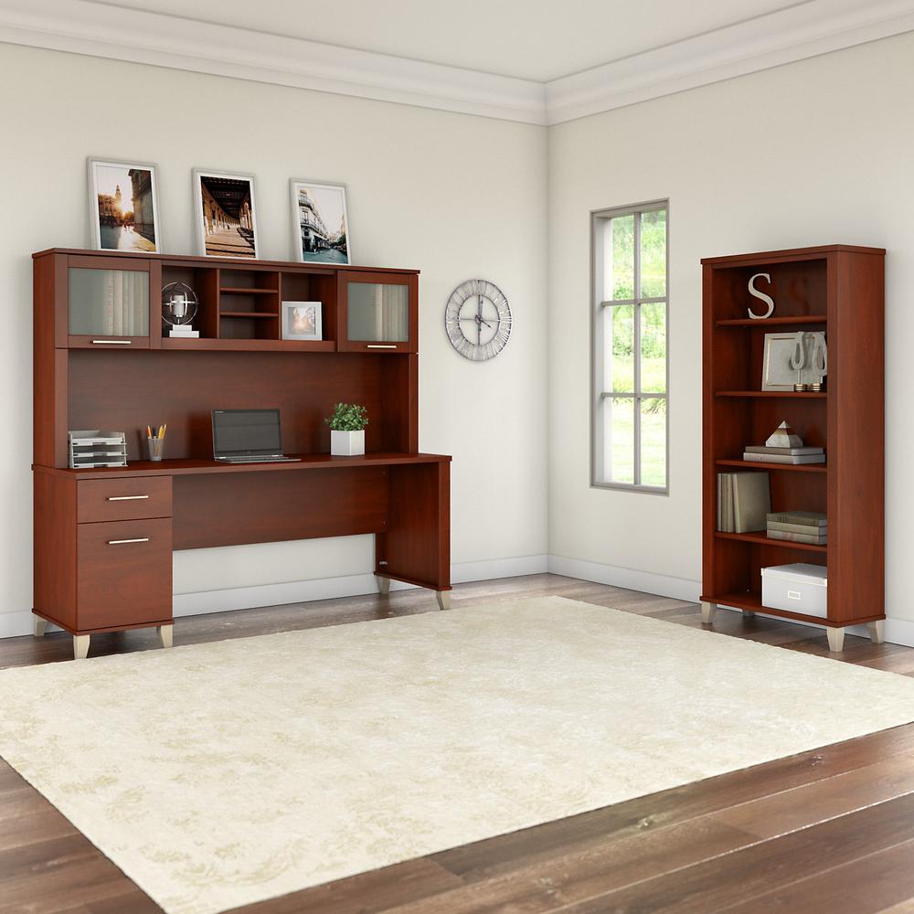 Bush Furniture Somerset 72W Office Desk with Hutch and 5 Shelf Bookcase, Hansen Cherry. Picture 2