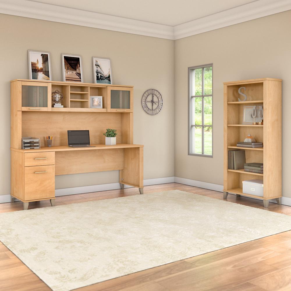Bush Furniture Somerset 72W Office Desk with Hutch and 5 Shelf Bookcase, Maple Cross. Picture 2