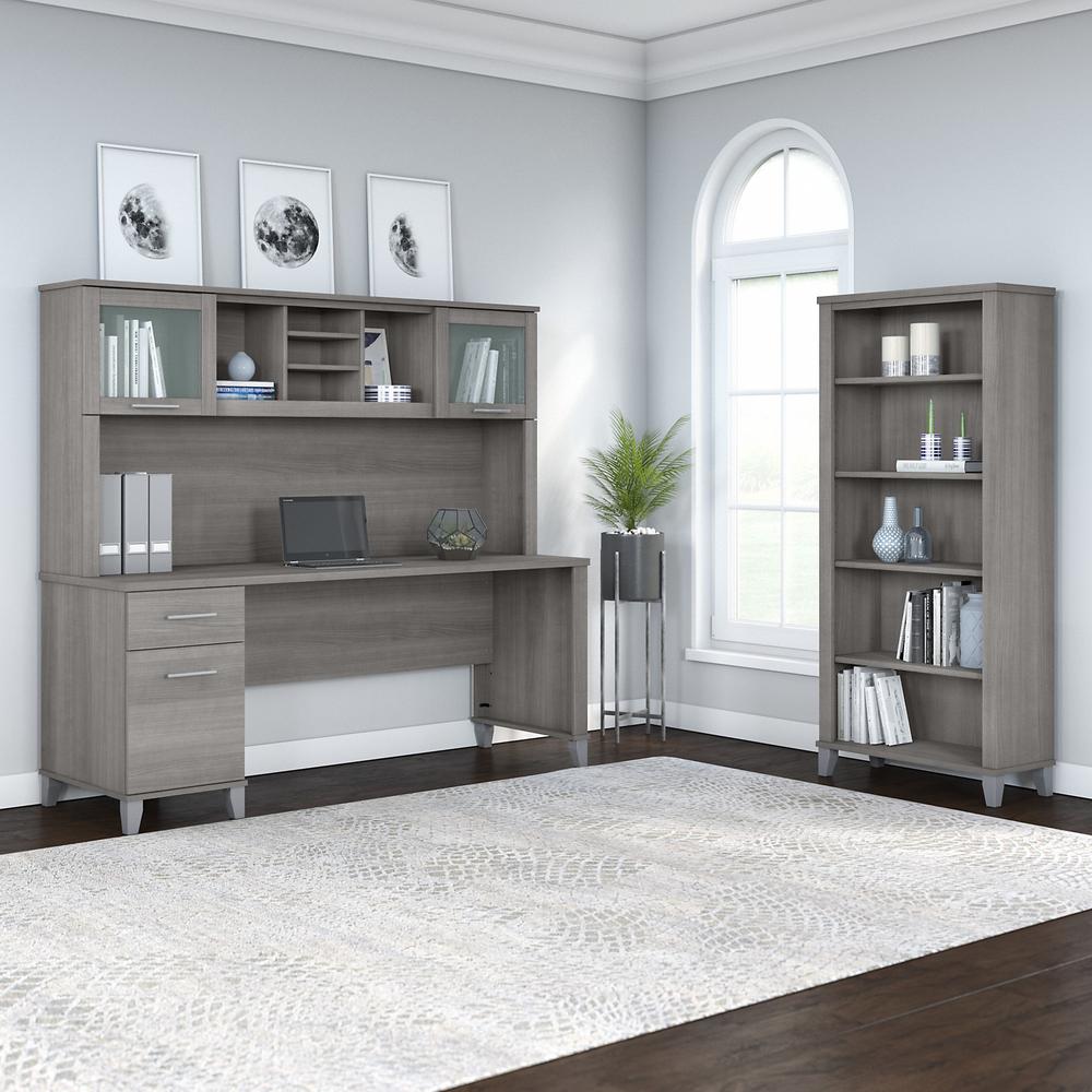 Bush Furniture Somerset 72W Office Desk with Hutch and 5 Shelf Bookcase, Platinum Gray. Picture 2