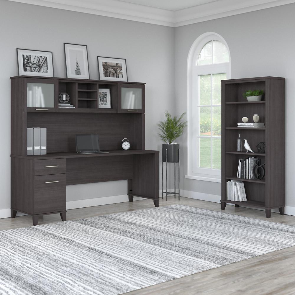 Bush Furniture Somerset 72W Office Desk with Hutch and 5 Shelf Bookcase, Storm Gray. Picture 3