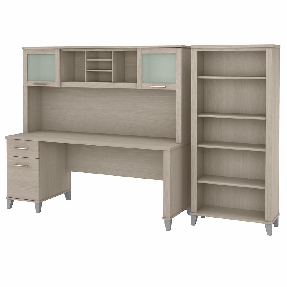 Bush Furniture Somerset 72W Office Desk with Hutch and 5 Shelf Bookcase, Sand Oak. Picture 1