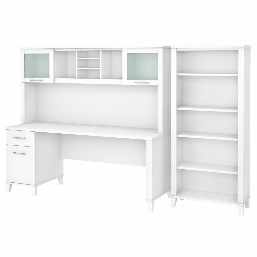 Bush Furniture Somerset 72W Office Desk with Hutch and 5 Shelf Bookcase, White. Picture 1