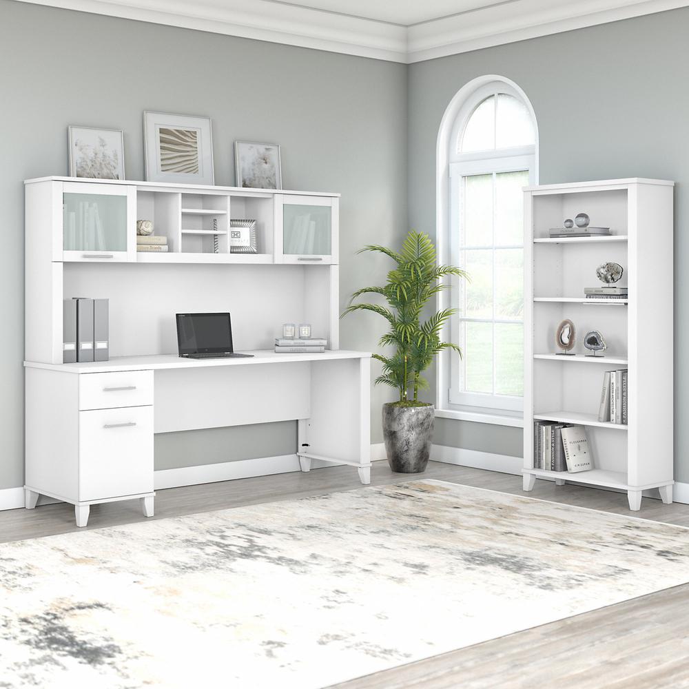 Bush Furniture Somerset 72W Office Desk with Hutch and 5 Shelf Bookcase, White. Picture 2