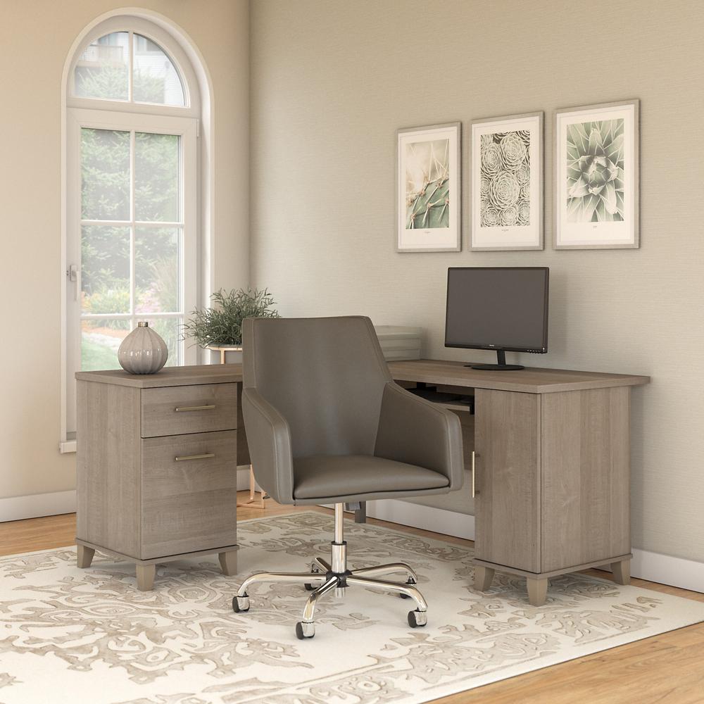 60W L Shaped Desk with Mid Back Leather Box Chair Ash Gray. Picture 2