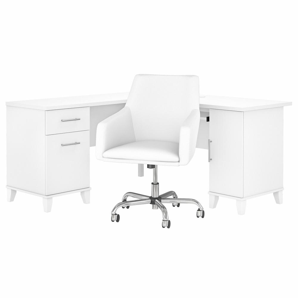 60W L Shaped Desk with Mid Back Leather Box Chair White. Picture 1