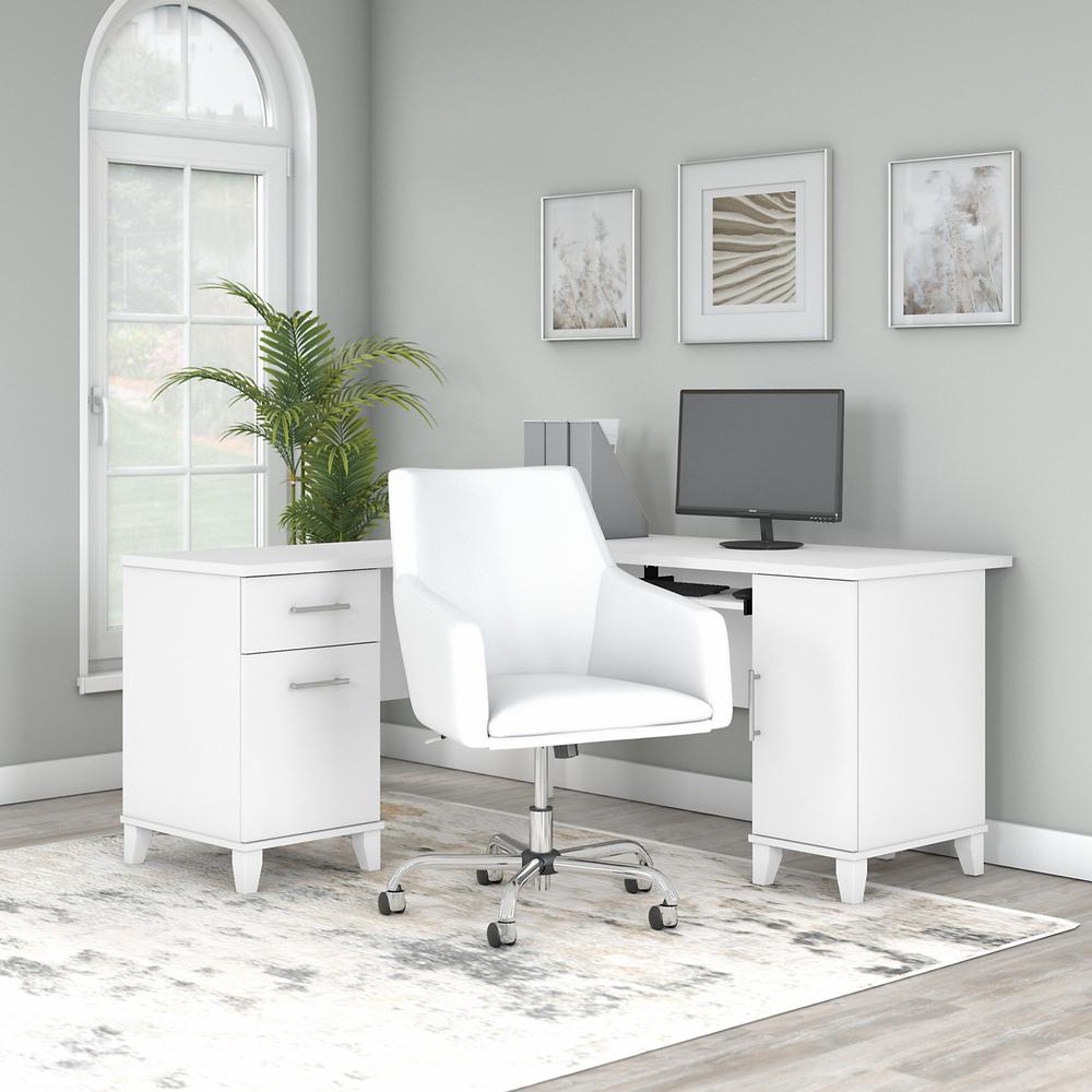 60W L Shaped Desk with Mid Back Leather Box Chair White. Picture 2