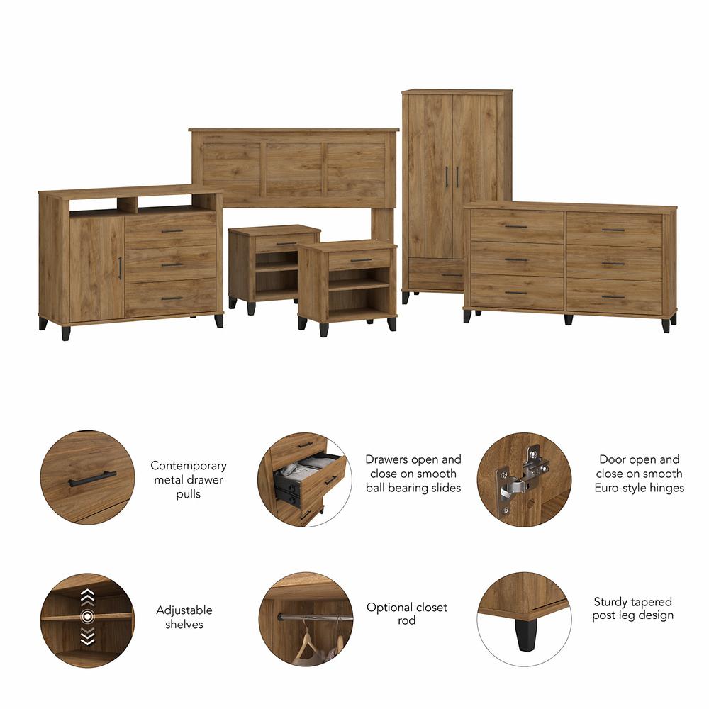 Bush Furniture Somerset 6 Piece Bedroom Set with Full/Queen Size Headboard and Storage, Fresh Walnut. Picture 3