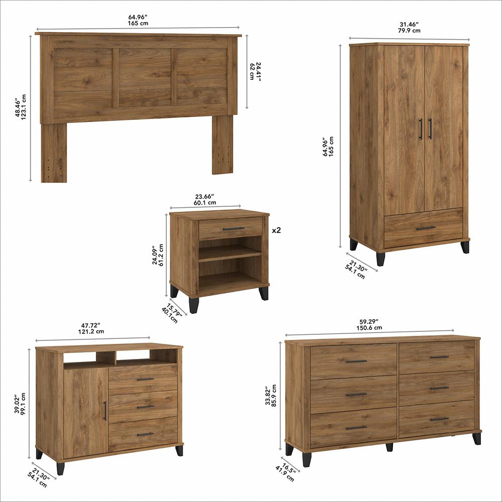 Bush Furniture Somerset 6 Piece Bedroom Set with Full/Queen Size Headboard and Storage, Fresh Walnut. Picture 5
