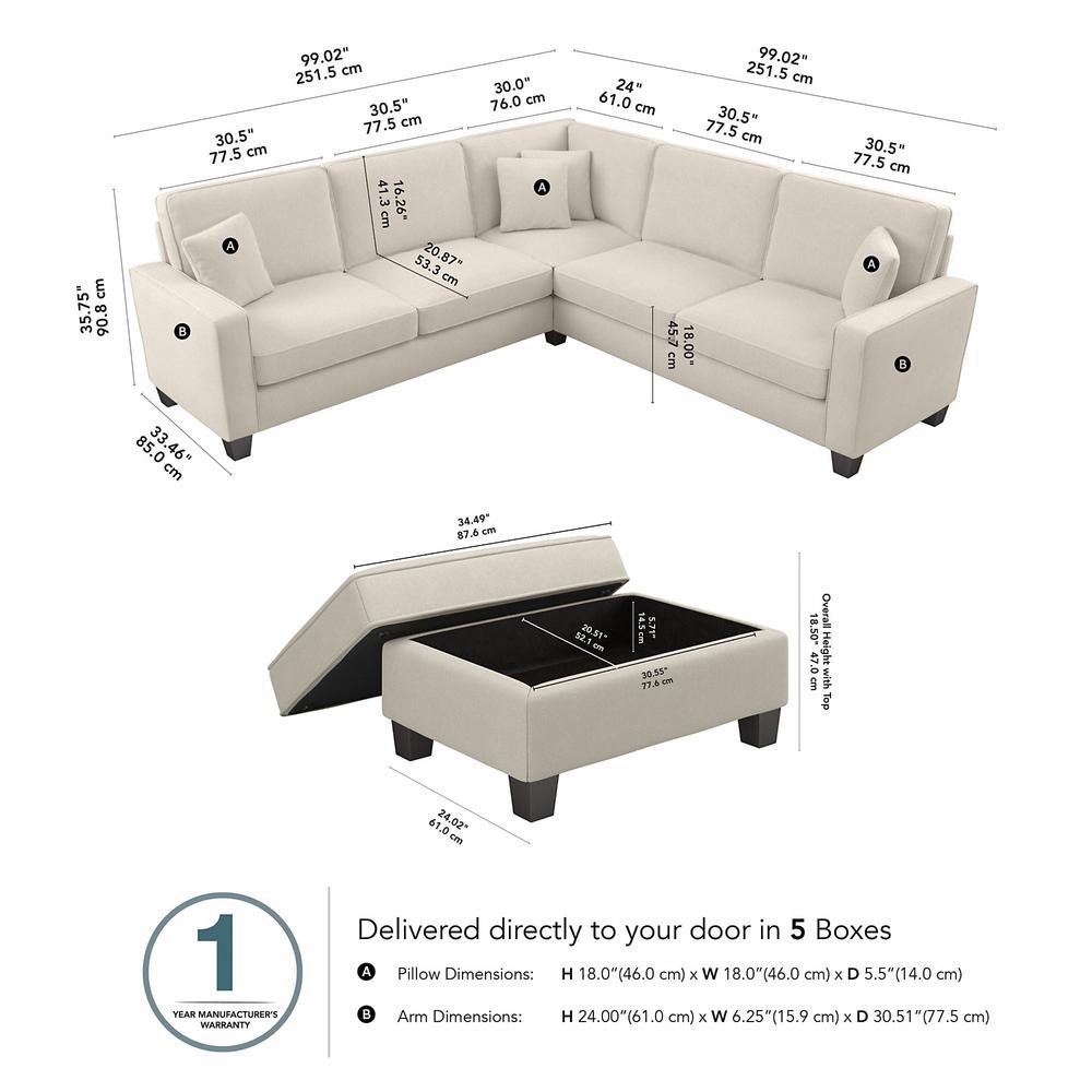Bush Furniture Stockton 99W L Shaped Sectional Couch with Ottoman, Cream Herringbone Fabric. Picture 5