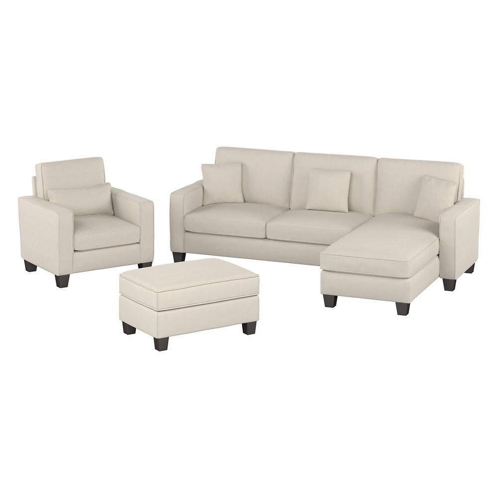Bush Furniture Stockton 102W Sectional Couch with Reversible Chaise Lounge, Accent Chair, and Ottoman, Cream Herringbone Fabric. Picture 1