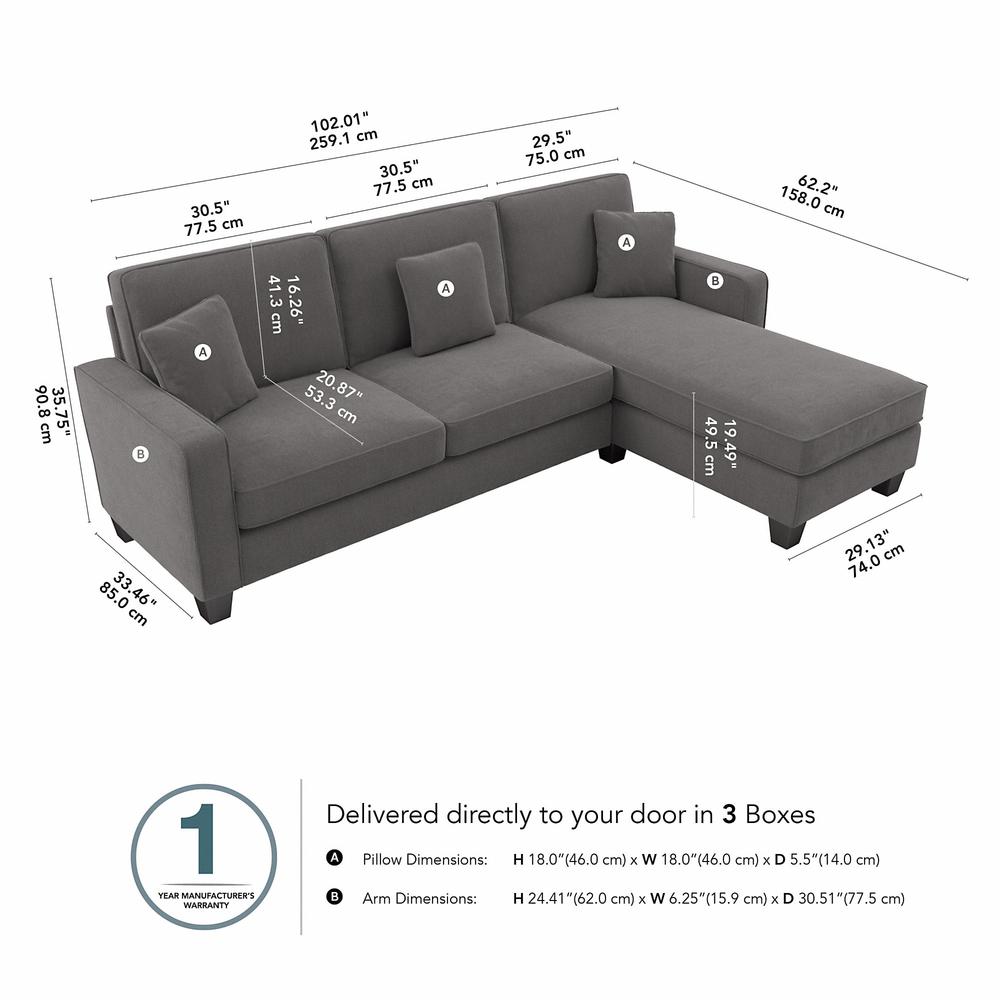 Bush Furniture Stockton 102W Sectional Couch with Reversible Chaise Lounge - French Gray Herringbone Fabric. Picture 7