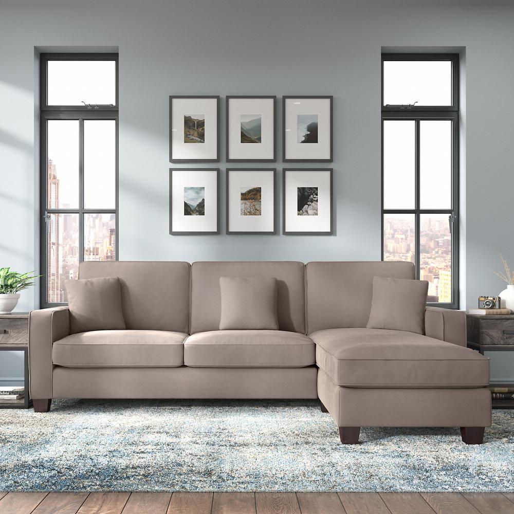 Bush Furniture Stockton 102W Sectional Couch with Reversible Chaise Lounge in Tan Microsuede Fabric. Picture 3