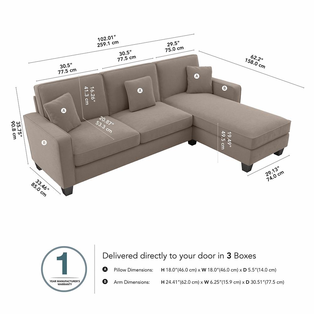 Bush Furniture Stockton 102W Sectional Couch with Reversible Chaise Lounge in Tan Microsuede Fabric. Picture 7