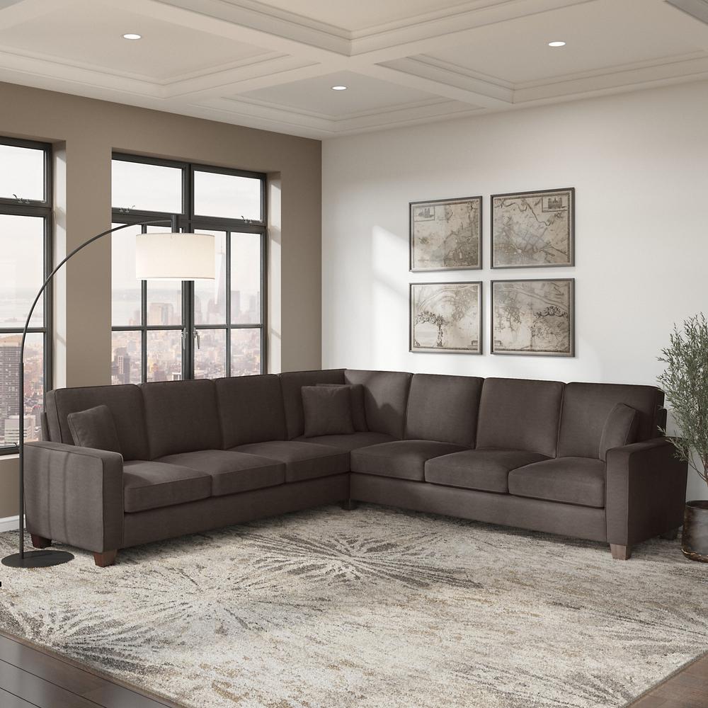 Bush Furniture Stockton 111W L Shaped Sectional Couch in Chocolate Brown Microsuede Fabric. Picture 2