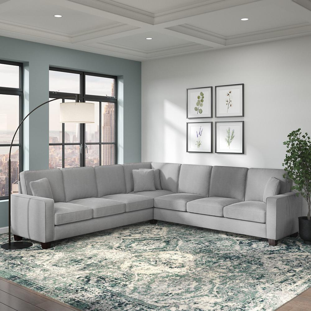 Bush Furniture Stockton 111W L Shaped Sectional Couch in Light Gray Microsuede Fabric. Picture 2