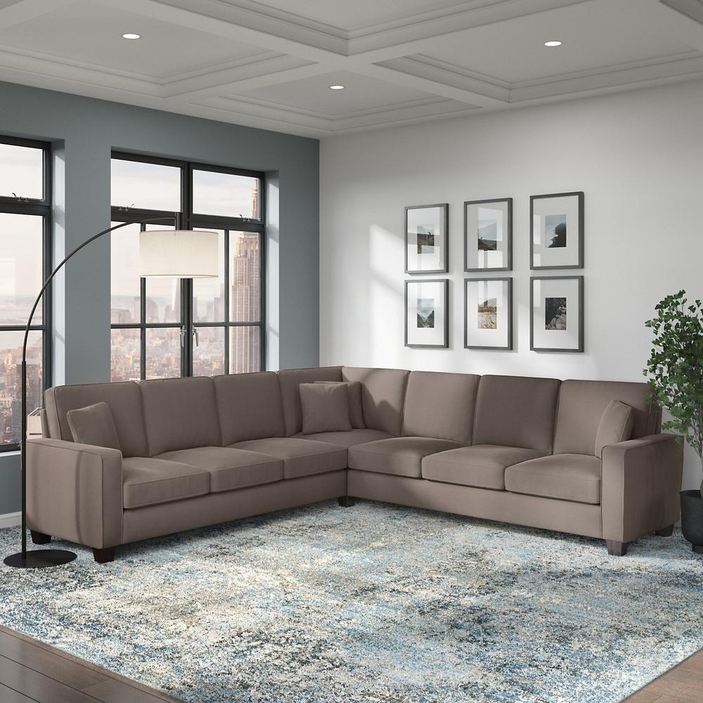 Bush Furniture Stockton 111W L Shaped Sectional Couch in Tan Microsuede Fabric. Picture 3