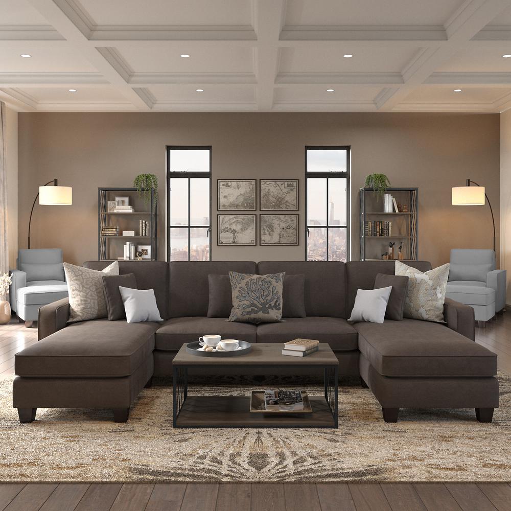 Bush Furniture Stockton 113W U Shaped Sectional Couch in Chocolate Brown Microsuede Fabric. Picture 3