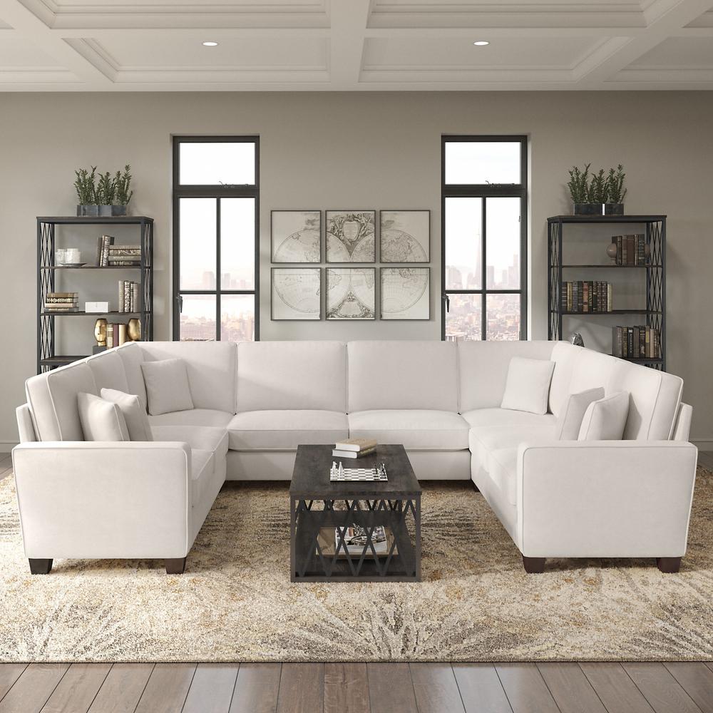 Bush Furniture Stockton 125W U Shaped Sectional Couch in Light Beige Microsuede Fabric. Picture 3
