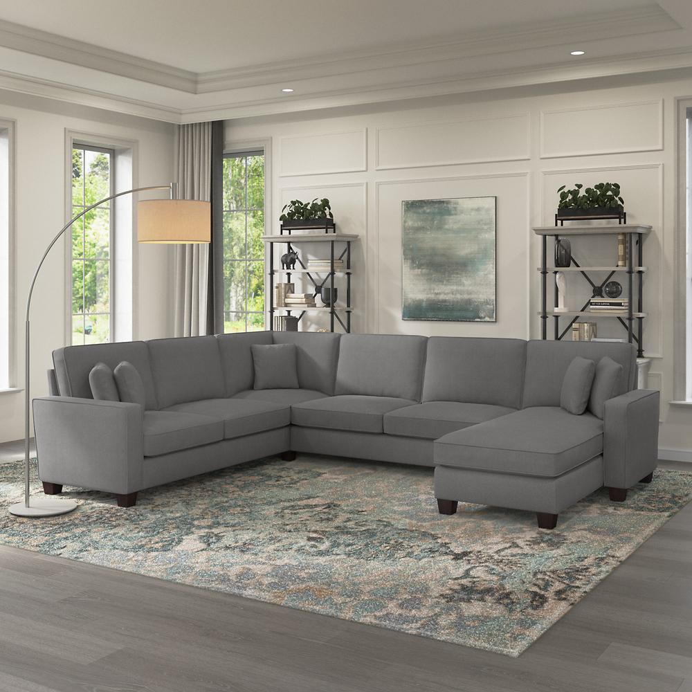 Bush Furniture Stockton 128W U Shaped Sectional Couch with Reversible Chaise Lounge - French Gray Herringbone Fabric. Picture 2