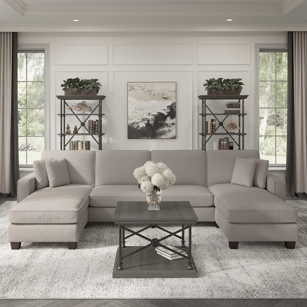 Bush Furniture Stockton 131W Sectional Couch with Double Chaise Lounge - Beige Herringbone Fabric. Picture 5