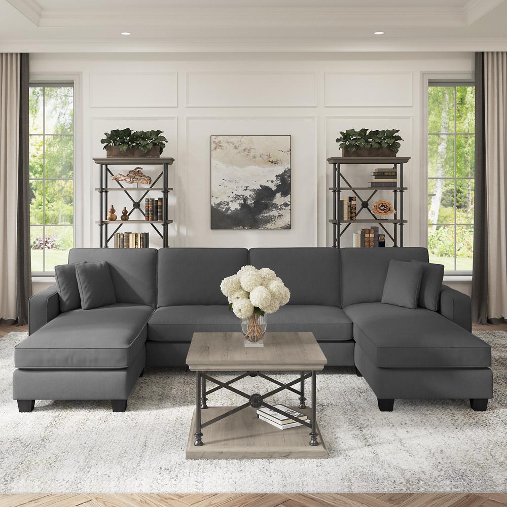 Bush Furniture Stockton 131W Sectional Couch with Double Chaise Lounge - Charcoal Gray Herringbone. Picture 2