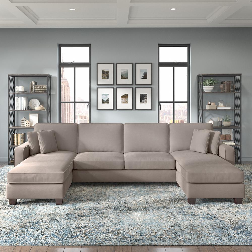 Bush Furniture Stockton 131W Sectional Couch with Double Chaise Lounge in Tan Microsuede Fabric. Picture 4