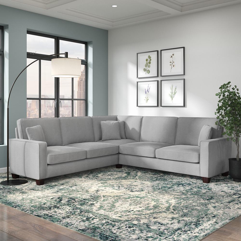 Bush Furniture Stockton 99W L Shaped Sectional Couch in Light Gray Microsuede Fabric. Picture 3