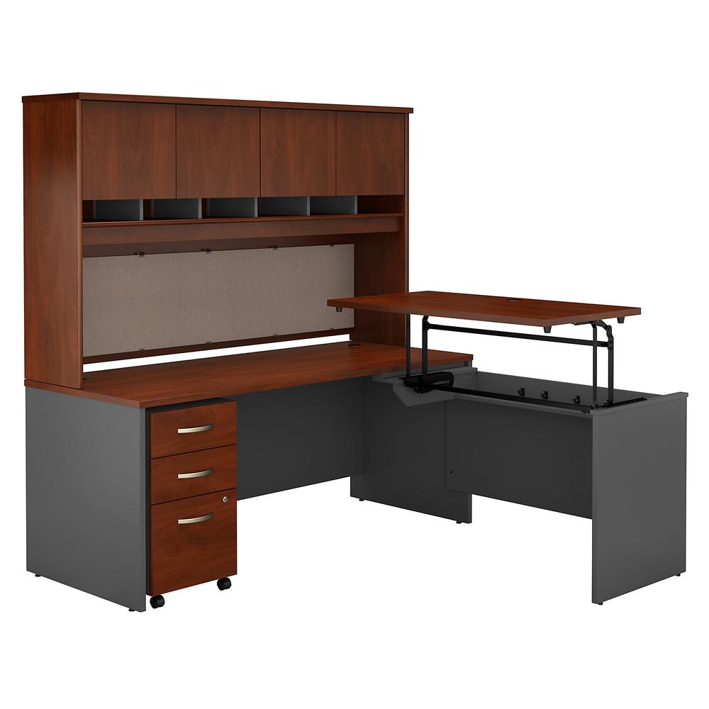 3 Position Sit to Stand L Shaped Desk with Hutch and Mobile File Cabinet. Picture 1