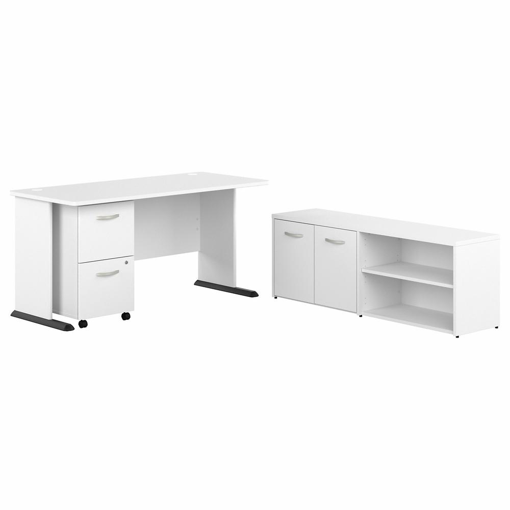 Bush Business Furniture Studio A 60W Computer Desk with Mobile File Cabinet and Low Storage Cabinet in White. Picture 1