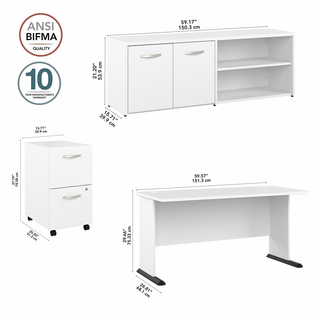 Bush Business Furniture Studio A 60W Computer Desk with Mobile File Cabinet and Low Storage Cabinet in White. Picture 7