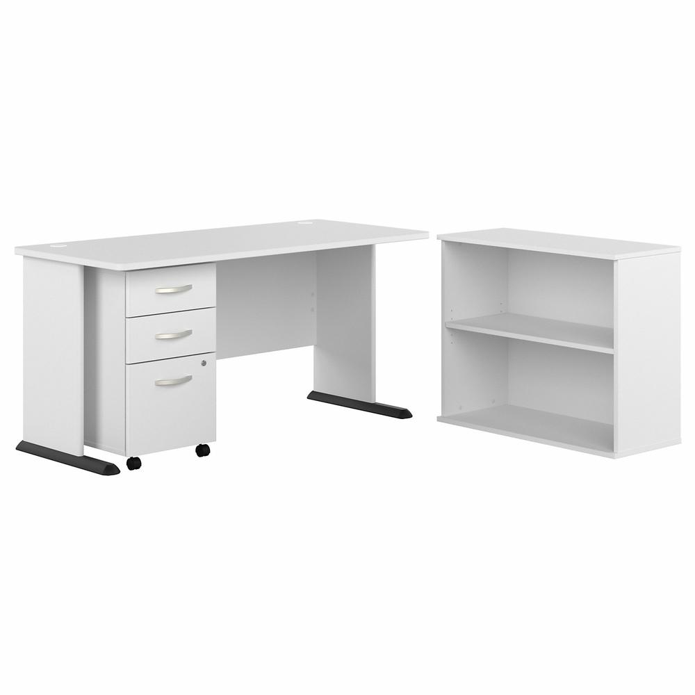 Bush Business Furniture Studio A 60W Computer Desk with Mobile File Cabinet and Small Bookcase in White. Picture 1