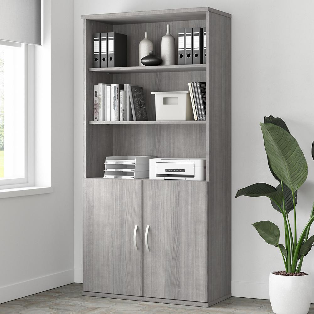 Bush Business Furniture Studio A Tall 5 Shelf Bookcase with Doors in Platinum Gray. Picture 2