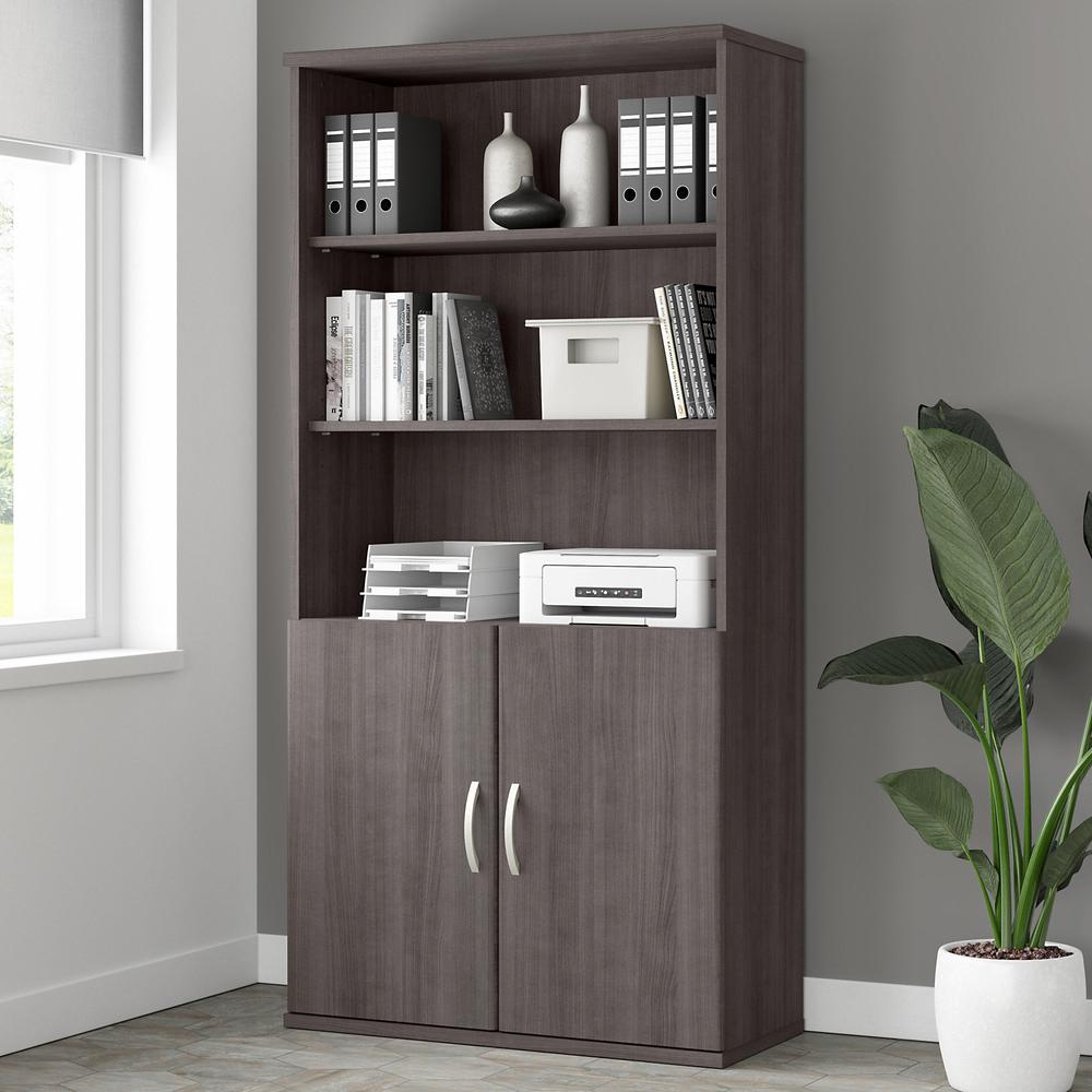Bush Business Furniture Studio A Tall 5 Shelf Bookcase with Doors in Storm Gray. Picture 3