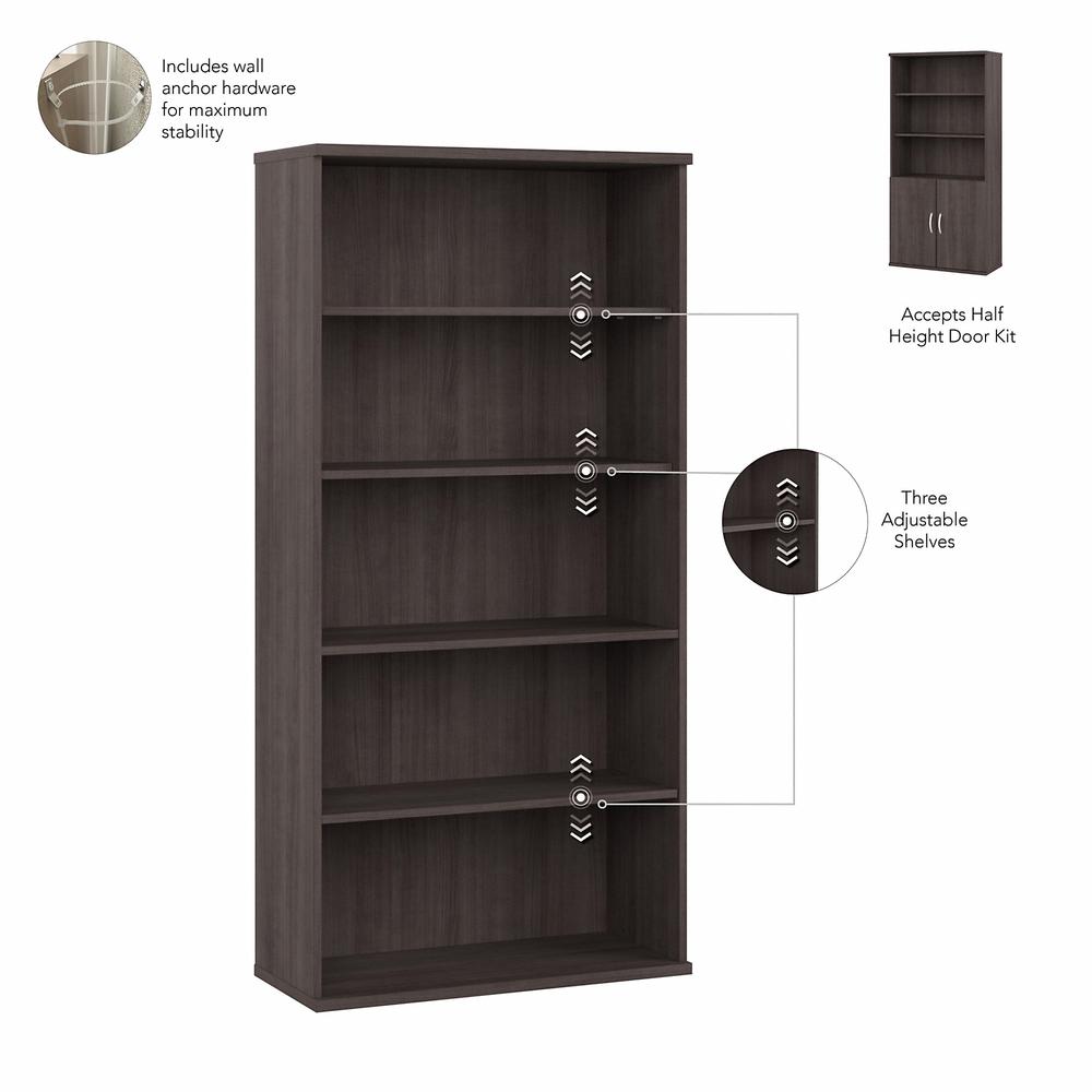 Bush Business Furniture Studio A Tall 5 Shelf Bookcase with Doors in Storm Gray. Picture 2