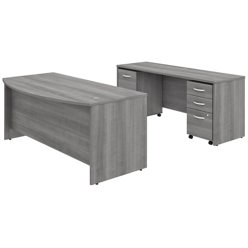 Bush Business Furniture Studio C 72W x 36D Bow Front Desk and Credenza with Mobile File Cabinets, Platinum Gray. Picture 1