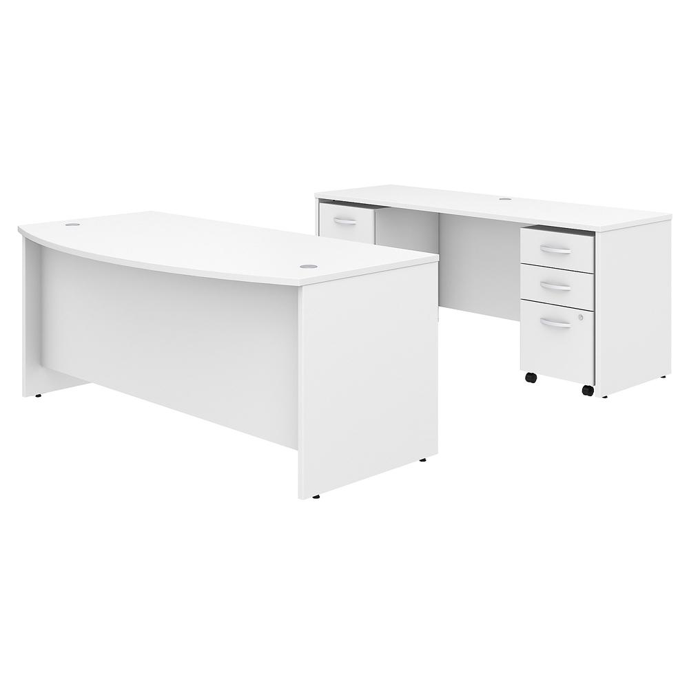 Bush Business Furniture Studio C 72W x 36D Bow Front Desk and Credenza with Mobile File Cabinets, White. Picture 1