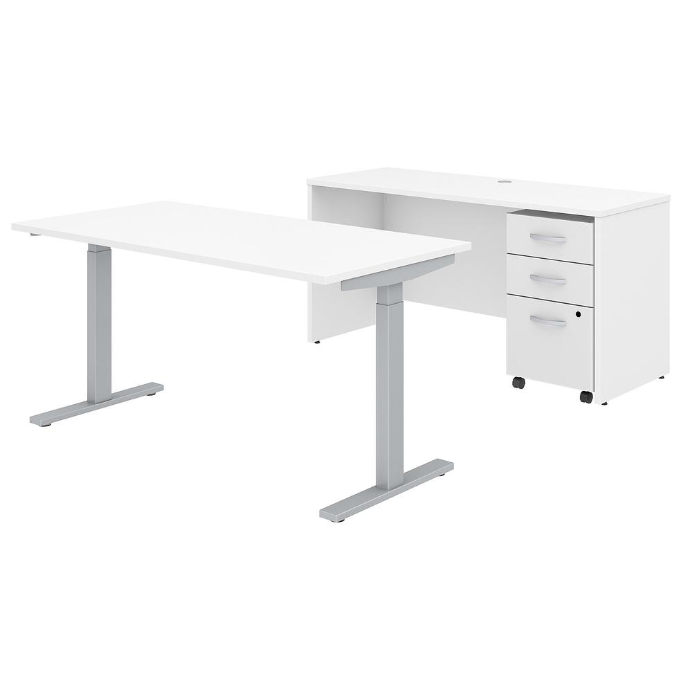 Bush Business Furniture Studio C 60W x 30D Height Adjustable Standing Desk, Credenza and Mobile File Cabinet, White. Picture 1