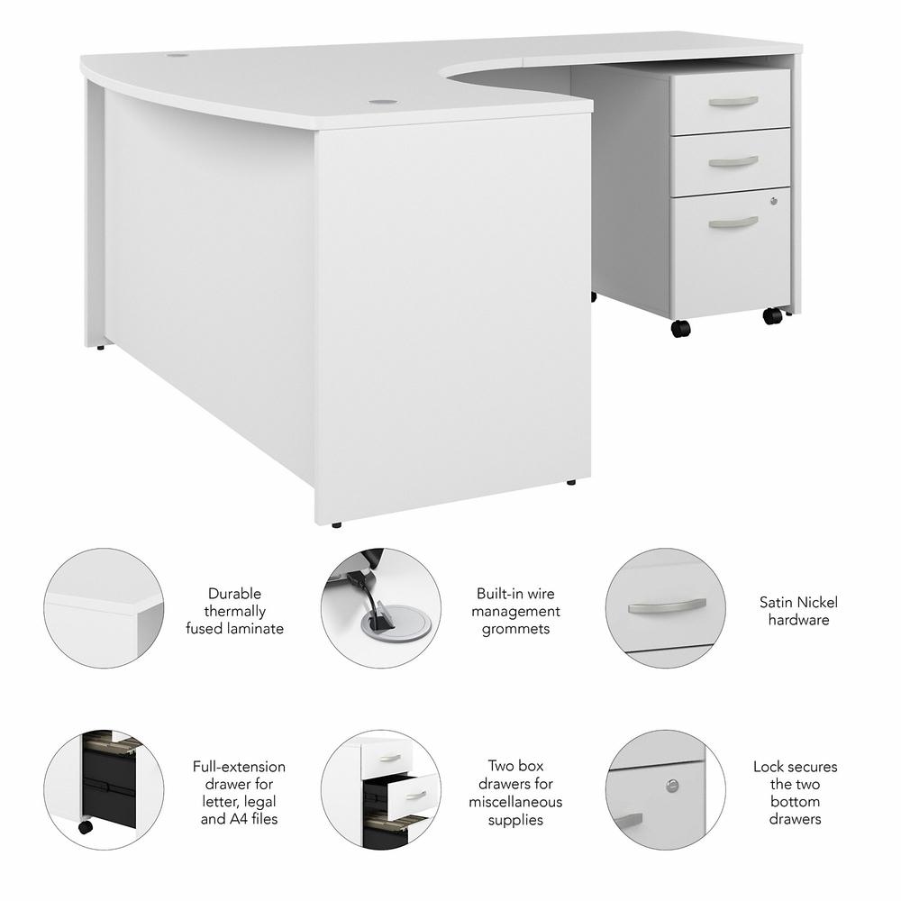 Bush Business Furniture Studio C 60W x 43D Right Hand L-Bow Desk with 3 Drawer Mobile File Cabinet, White. Picture 3