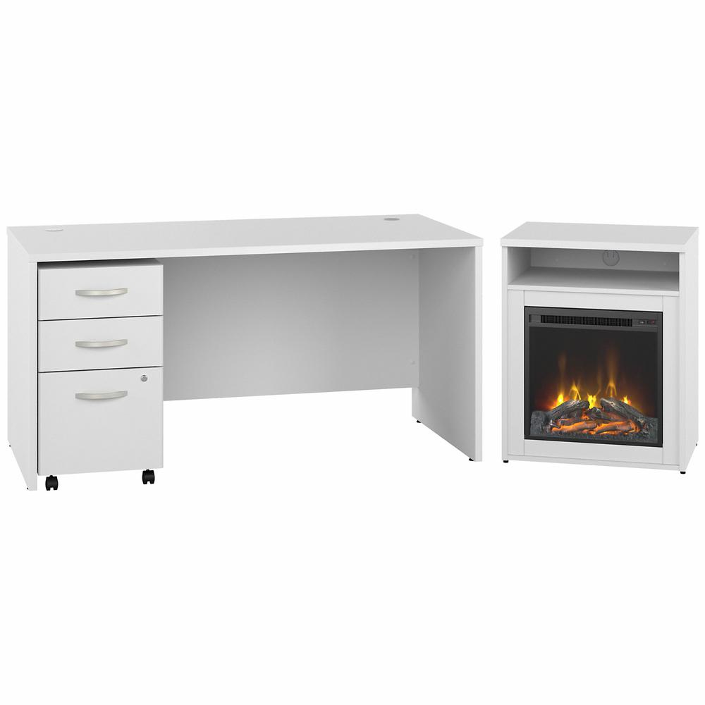 Desk w/ Mobile File Cabinet and Fireplace TV Stand, White. Picture 1